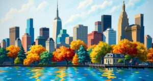 A vibrant New York City skyline with a wellness theme, featuring colourful trees, a joyful atmosphere, and bright sunlight.