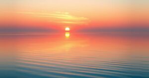 A serene sunset over a calm lake, reflecting soft pink and orange hues, symbolizing transition and closure.