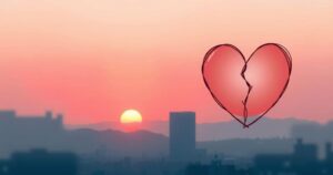 A tranquil Los Angeles sunset, highlighting marriage separation symbolism with a broken heart motif in soft hues.