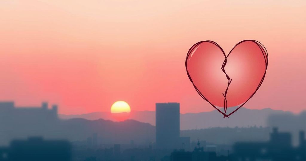 A tranquil Los Angeles sunset, highlighting marriage separation symbolism with a broken heart motif in soft hues.