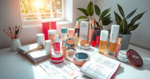 Stylish workspace with cosmetic products and financial papers, depicting wealth management and entrepreneurial spirit.
