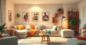 Blended family scene in warm tones, depicting a harmonious home life with joyful interactions and shared moments.