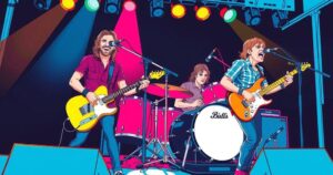 A vibrant rock band performance scene with colourful guitars and drums, reflecting musical energy and creativity.