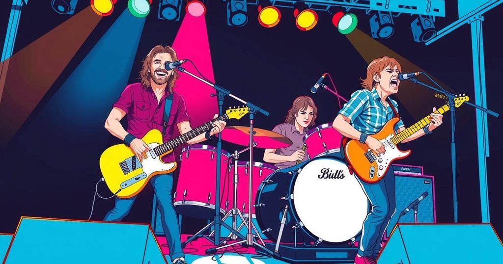 A vibrant rock band performance scene with colourful guitars and drums, reflecting musical energy and creativity.