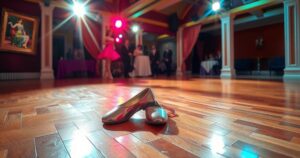 A dancer's shoes on a polished wooden floor, with soft spotlight and vibrant colours, showcasing a ballroom atmosphere.