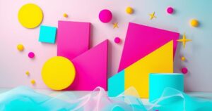 A vibrant abstract representation of a retro scene with geometric shapes, reflecting the early 80s aesthetics and colours.