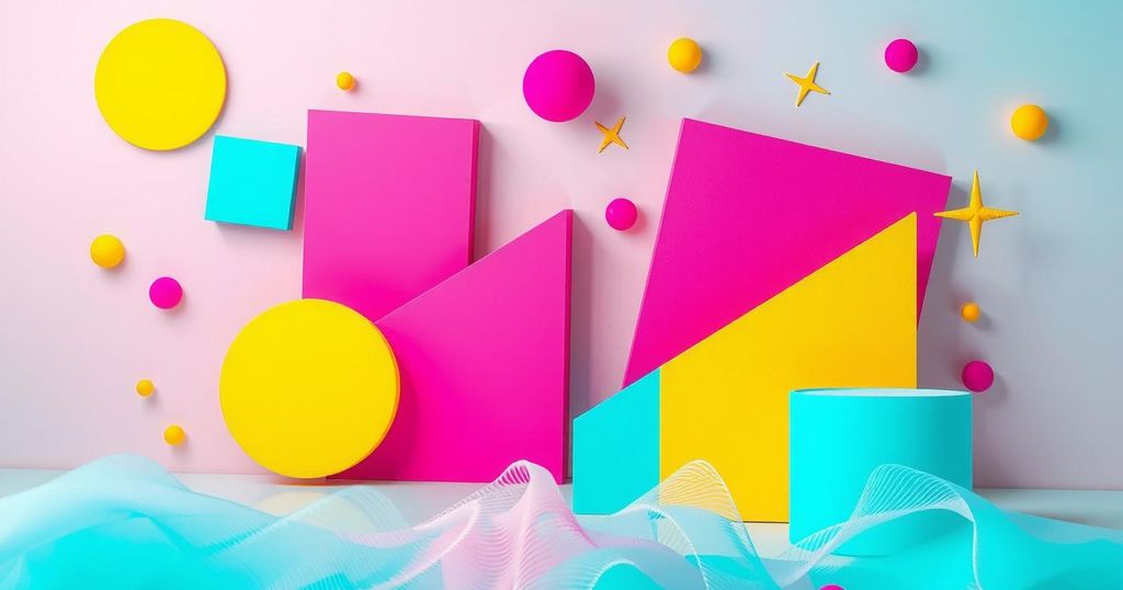 A vibrant abstract representation of a retro scene with geometric shapes, reflecting the early 80s aesthetics and colours.
