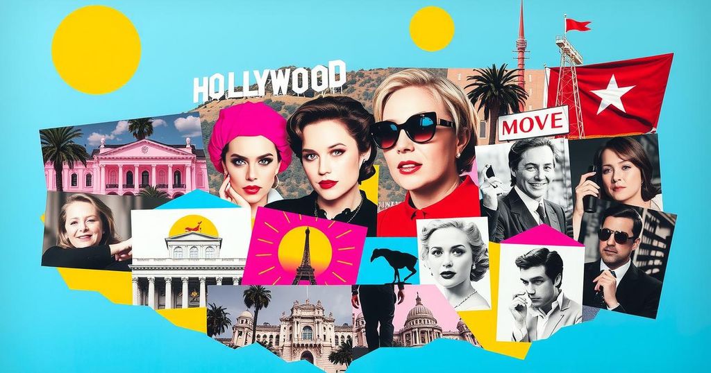 A vibrant and artistic depiction of Hollywood scenes involving celebrities, scandals and intertwined connections.