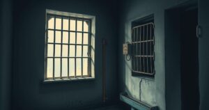 Prison cell interior featuring barred windows and concrete walls, with a tense atmosphere and neutral colour tones.
