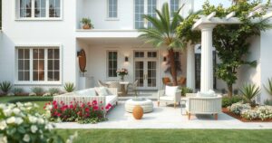 A modern, luxurious home exterior with a stylish garden and outdoor seating, representing wealth and comfort.