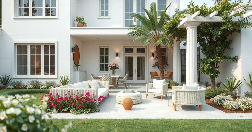 A modern, luxurious home exterior with a stylish garden and outdoor seating, representing wealth and comfort.