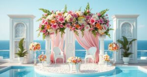 Stylish coastal wedding setting with elegant decorations and vibrant flowers, reflecting a luxurious wedding atmosphere.