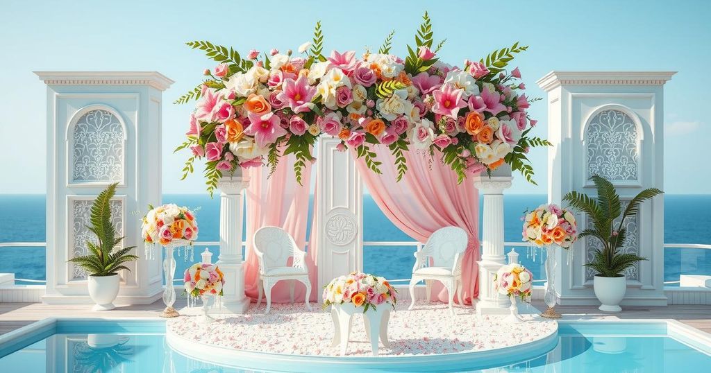 Stylish coastal wedding setting with elegant decorations and vibrant flowers, reflecting a luxurious wedding atmosphere.