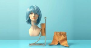 A pastel blue wig on a display stand, complemented by a sandy-coloured suede outfit, captured in a vibrant pop art style.