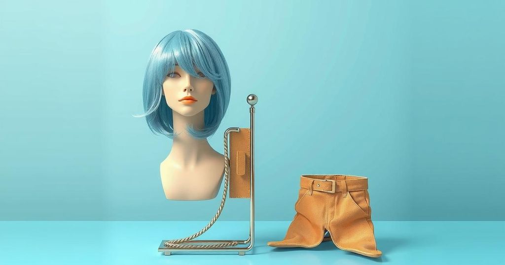 A pastel blue wig on a display stand, complemented by a sandy-coloured suede outfit, captured in a vibrant pop art style.