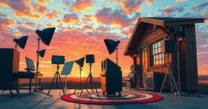 A playful illustration depicting two film sets with sound equipment, one featuring a vibrant sunset sky and the other muted colours