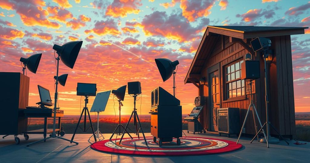 A playful illustration depicting two film sets with sound equipment, one featuring a vibrant sunset sky and the other muted colours