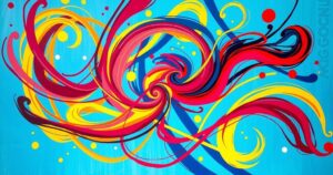 A vibrant dance-themed abstract artwork featuring colourful swirls and energetic patterns representing motion and creativity.