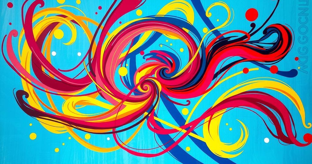 A vibrant dance-themed abstract artwork featuring colourful swirls and energetic patterns representing motion and creativity.