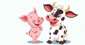 A whimsical illustration of a cow and a pig, amidst a vibrant, playful background in a contemporary artistic style.