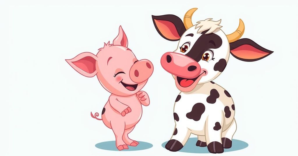 A whimsical illustration of a cow and a pig, amidst a vibrant, playful background in a contemporary artistic style.