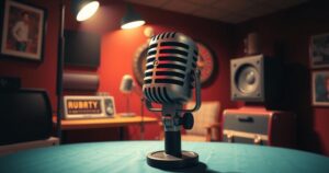 Stylized microphone with a retro podcast theme, dark tones and spotlight highlighting the details.