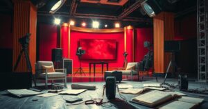 An abstract illustration of a dramatic TV studio scene capturing the essence of showbiz conflicts.