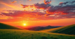 A dramatic sunset over a serene landscape, reflecting themes of change and new beginnings with warm hues.