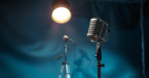 A vintage film set with a microphone and a spotlight, casting dramatic shadows in muted tones.