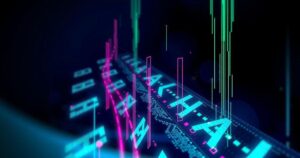 A digital representation of cybersecurity with a data breach theme, using dark tones and futuristic elements.