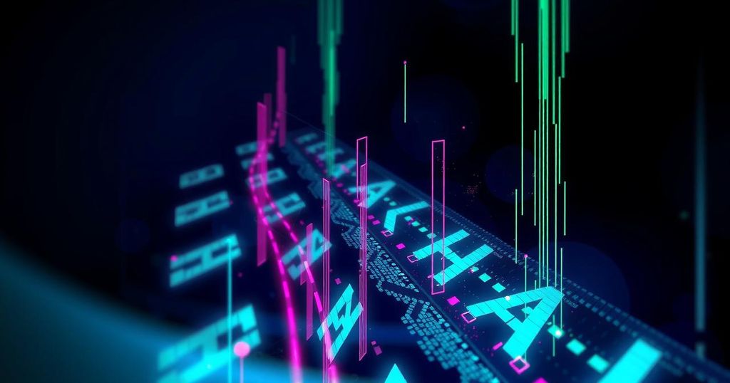 A digital representation of cybersecurity with a data breach theme, using dark tones and futuristic elements.