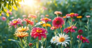 A serene garden setting with blooming flowers and gentle sunlight, symbolising personal growth and healing.