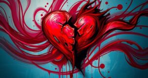 A dramatic tension-filled scene of a broken heart symbol amid vibrant hues symbolizing emotional turmoil.