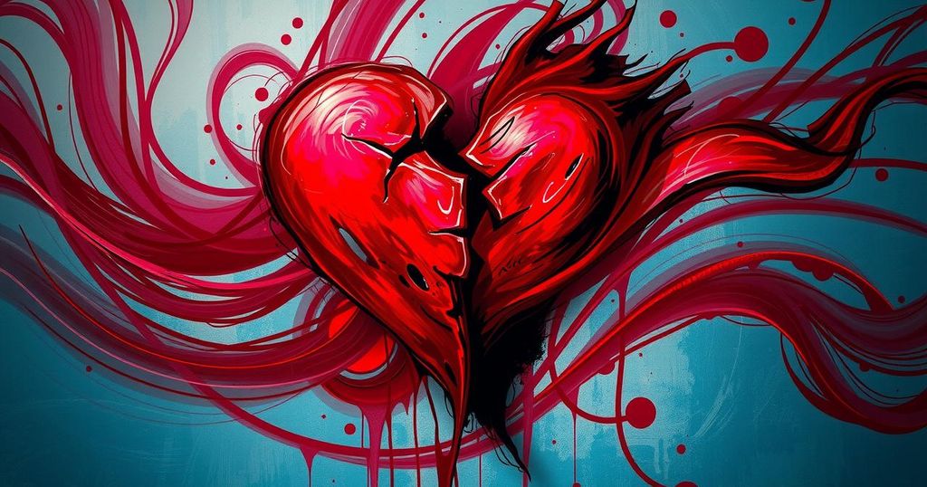 A dramatic tension-filled scene of a broken heart symbol amid vibrant hues symbolizing emotional turmoil.