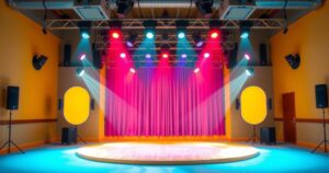 Cheerful scene of an improv class stage with bright lights and vibrant colours, capturing a lively atmosphere.