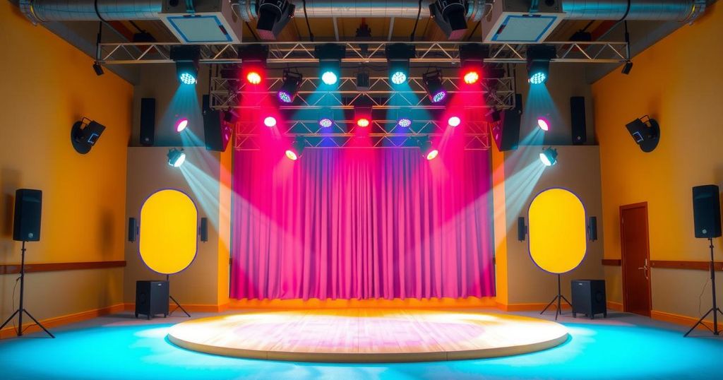 Cheerful scene of an improv class stage with bright lights and vibrant colours, capturing a lively atmosphere.