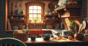 A vibrant kitchen scene with warm lighting, showcasing cooking utensils and ingredients, in a rustic artistic style.