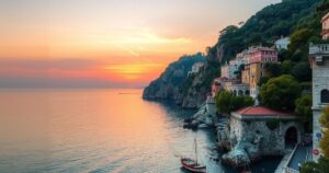 A serene Amalfi Coast sunset with soft pastel hues reflecting on calm waters, capturing a moment of family togetherness.