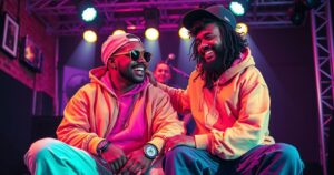 Two rappers sharing a joyful moment backstage with bright colours and a playful atmosphere.