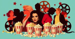 Collage of celebrity silhouettes surrounded by retro film reels and popcorn, with playful colour scheme.