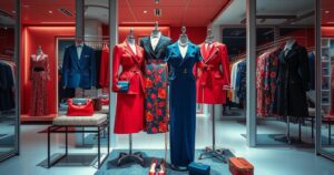 A dramatic luxury fashion scene with elegant clothing, spotlight on high-end accessories, vibrant colours create a striking contrast.