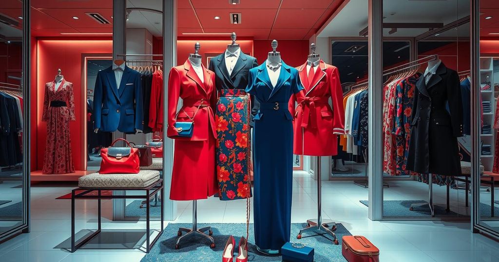 A dramatic luxury fashion scene with elegant clothing, spotlight on high-end accessories, vibrant colours create a striking contrast.