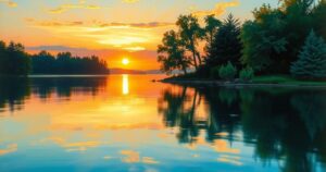 A serene landscape featuring a calm lake surrounded by lush trees and a vibrant sunset sky.