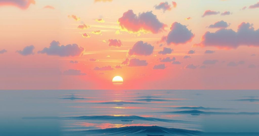 A serene sunset over a calm ocean, reflecting soft pastel colours, symbolising introspection and emotional change.