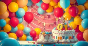 A vibrant birthday celebration scene featuring colourful balloons and a festive cake, symbolizing joy and family.