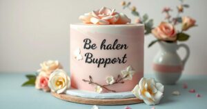 A beautifully crafted cake with an uplifting message, set on a pastel-coloured table, representing friendship and support.