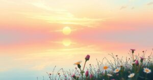 A serene landscape featuring a soft pastel sunrise over a calm lake, symbolizing hope and motherhood.
