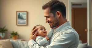 A nostalgic photo of a father gently cradling an infant, using warm tones to evoke emotion and intimacy.
