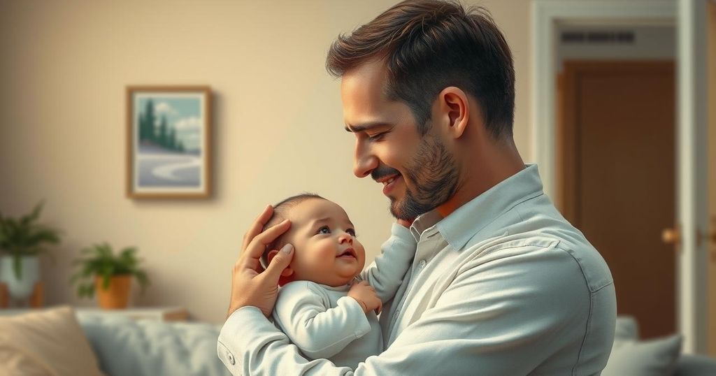 A nostalgic photo of a father gently cradling an infant, using warm tones to evoke emotion and intimacy.