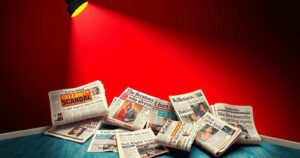 A dramatic representation of shocking celebrity scandals with a spotlight and newspaper headlines in bold colours.